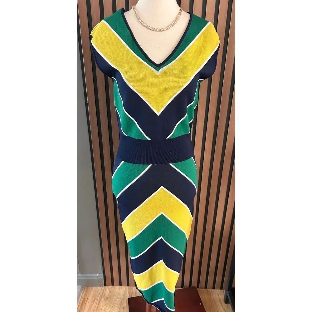 New York and company stretchy dress blue yellow and green size M